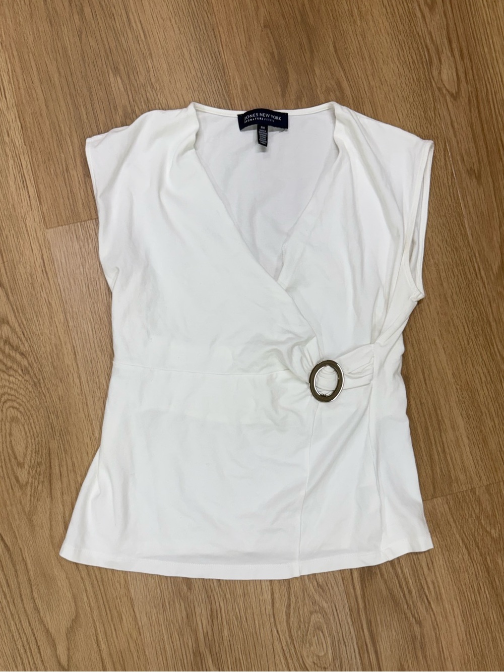 Jones New York White Surplice Wrap Top with Ring Accent